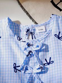 2件套女婴夏季轻薄休闲度假风可爱蝴蝶结格纹荷叶边无袖上衣和松紧腰短裤套装 - 藍色 - 查看 4