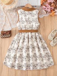 女童梭织数码印花休闲优雅连衣裙 - 杏色 - 查看 4