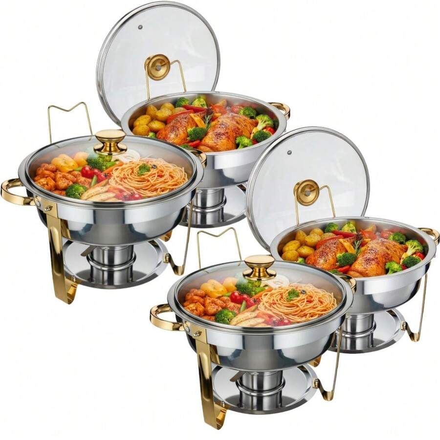 5 QT Redondo Chafing plato calentador de alimentos, 2 paquetes / 4 paquetes de acero inoxidable buffet servidor con tapa transparente y soporte de combustible, chafer de oro para boda, fiesta, restaurante catering - Paquete de 4 - Ver 1