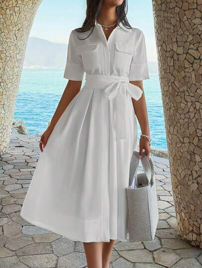 Unadoll Women's Long Dress, Back To School Season, Solid Color Student Campus Outdoor Casual Short Sleeve Long Elegant Commuting Maxi Dress, Autumn/Winter