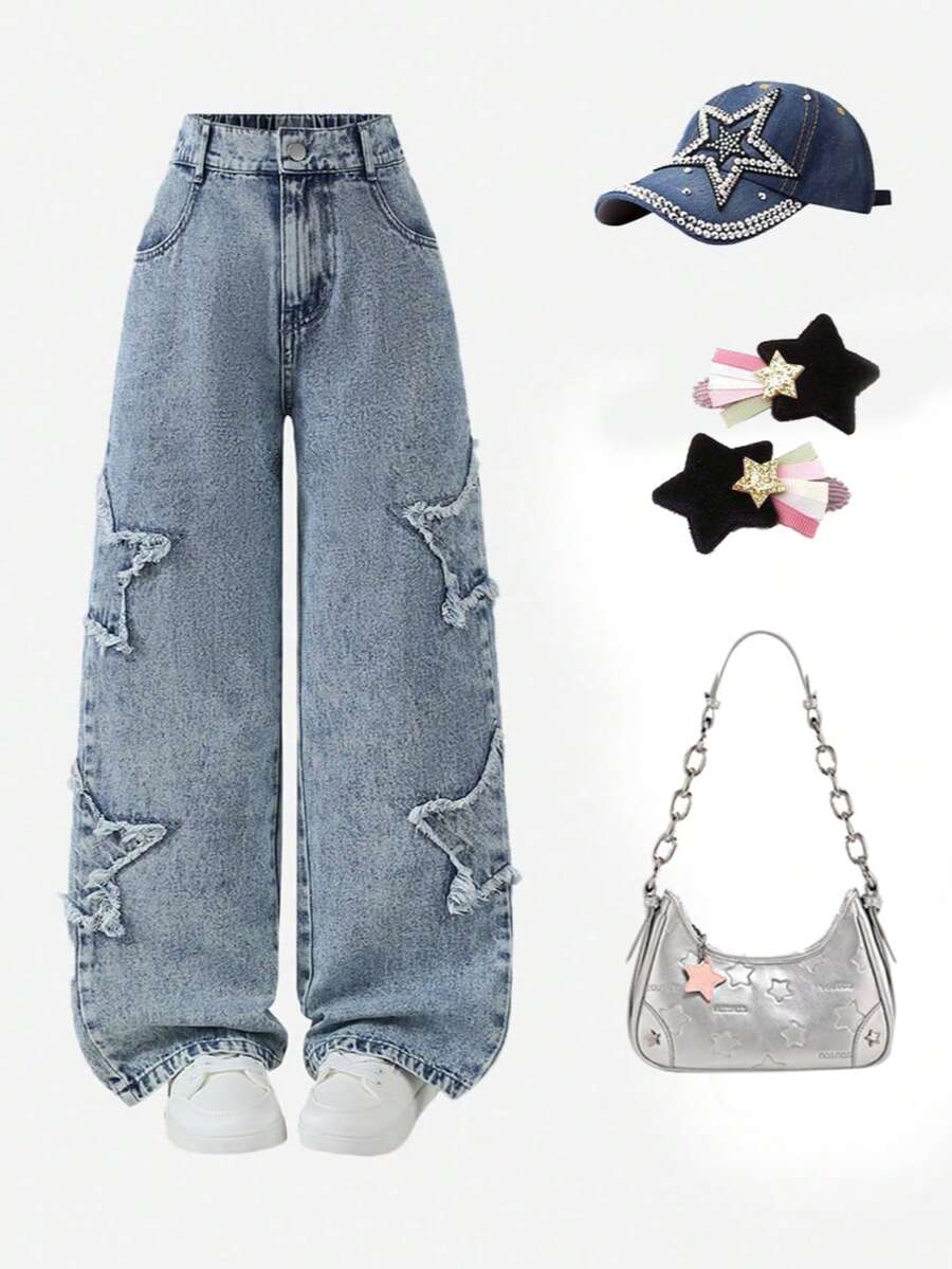 1 pieza Jeans de mezclilla con estampado de estrella, minimalista y cómodo para uso diario de niñas preadolescentes, nueva llegada de primavera/verano - Azul lavado medio - Ver 1