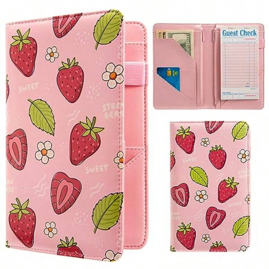 Beceere Pink Server Book Server Books For Waitress Waitress Book With 2 Zipper Pocket Cute Server Book Server Note Pads Waitress Book With Money Pocket Fit Server Apron Strawberries - Strawberries - View 1