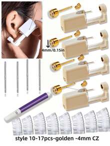 17 pièces/set Kit de perçage d'oreilles jetable et stérile, comprenant 4 pistolets de perçage d'oreilles, 4 tampons de nettoyage d'oreilles, 8 couvercles de protection d'oreilles jetables et imperméables, et 1 stylo de marquage. Convient pour le perçage d'oreilles personnel ou professionnel - Multicolore - Voir 14