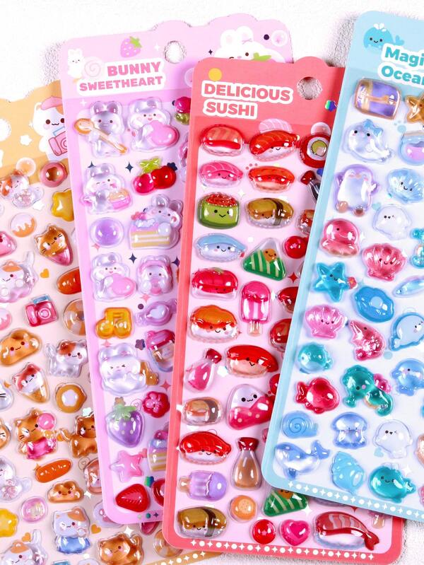 3D Cute Embossed Stickers, Fresh Fruit, Sushi Rabbit, Marine Kitty 3D Crystal Stickers, Suitable For Children, Cartoons, Reusable Stickers, Crystal Gem Stickers, Applicable For Scrapbooking, Diaries, Notebooks, Computers, Phone Cases Decoration, Ideal For Decorating Phone Cases Or Notebooks.