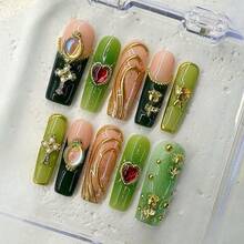 DiDaNail 10 PCS Handmade Square Press-On Nails | Pink-Green Religious Luxe Style With Pink & Green Bases, Cross & Gem Frame Embellishments - Lime Green - View 6