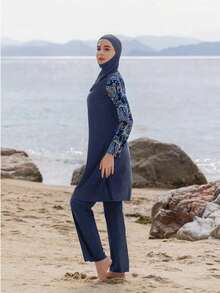 Bộ đồ bơi kín đáo 3 món gồm áo dài tay, quần dài và mũ trùm đầu, kiểu Trung Đông, đồ bơi kín đáo toàn thân cho nữ mùa hè đi biển. - Màu xanh lam - Xem 4