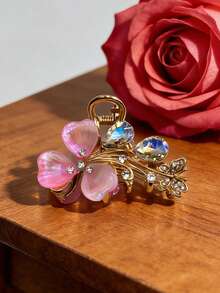 Valentine's Day Gift Y2K Sweet Girl Style Iridescent Clover Teardrop Rhinestone Hair Claw Iridescent Petal + Teardrop Rhinestone Exquisite Hair Clip Multi-Color Options Suitable For Valentine's Date/Daily Commute/Girls' Gathering Exquisite Aesthetic Hair Accessory - Multicolor - View 7