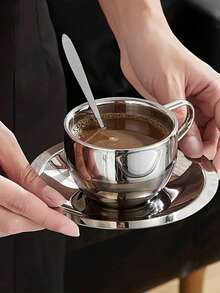 三件套咖啡杯套装，米兰咖啡杯套装，咖啡杯碟勺，马克杯，咖啡杯，高品质不锈钢材质，意式浓缩咖啡杯，手冲咖啡杯 - 銀色 - 查看 5