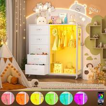 Cómoda con perchero, cómoda con 5 cajones de tela y perchero para ropa, cómoda de madera con superficie superior, estación de carga y luces LED, ruedas con bloqueo, ideal para el armario - Blanco - Ver 4