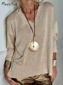 大码女式纯色V领落肩长袖休闲宽松针织衫，秋冬款 - 淡黃色 - 查看 2