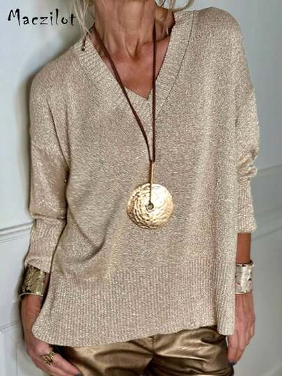 Plusstorlek Dam Enfärgad V-ringad Nedsänkt Axel Långärmad Avslappnad Lös Stickad Tröja, Höst/Vinter