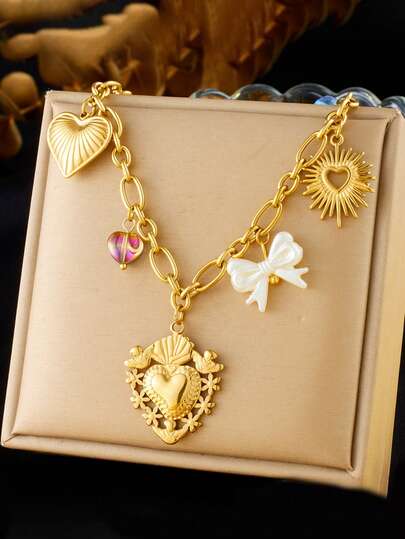 1件 时尚复古个性化多元素镀金不锈钢随机颜色镂空心形、花朵、白色蝴蝶结吊坠项链