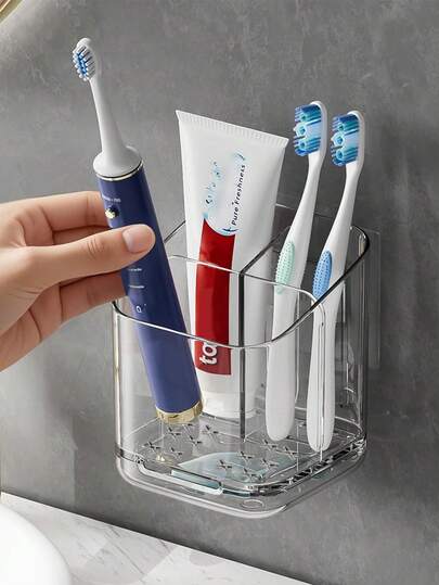 1个壁挂式牙刷架，带滴水盘，透明自粘式浴室收纳架，适用于电动牙刷、牙膏和剃须刀，无需钻孔