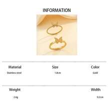 2pcs Stainless Steel Minimalist Golden Butterfly Rings Set, Suitable For Women's Daily Wear Or Gift - Yellow Gold - View 6