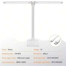 Dual-Head LED Desk Lamp, USB Powered, 5 Lighting Modes & Dimmable, Bedside Lamp, Reading, Crafting, Work, Study - Square Bottom Double Head - View 10