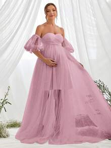 Faeriesty 优雅孕妇浅粉色露肩泡泡袖长款派对礼服 - 藕粉色 - 查看 5