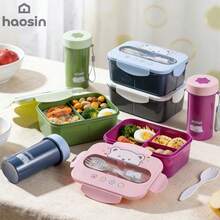 Fofa Marmita Infantil com Garfo 3 Compartimentos 1200ml Grande Capacidade Estilo Desenho Animado Presente Volta às Aulas - cor aleatória - Visão 2