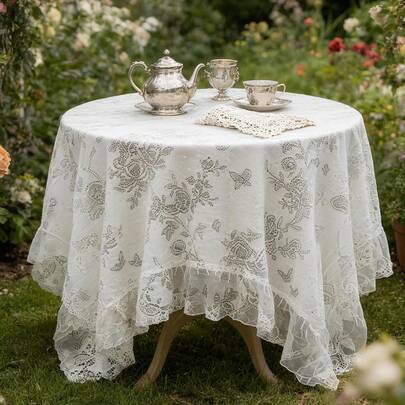 1 pieza Mantel de encaje romántico con jacquard y volantes, mantel cuadrado/redondo con patrón vintage de mariposas y flores, mantel de fondo para decoración de bodas, adecuado para jardín, reunión familiar, comedor al aire libre, mantel de mesa de patio, cortina