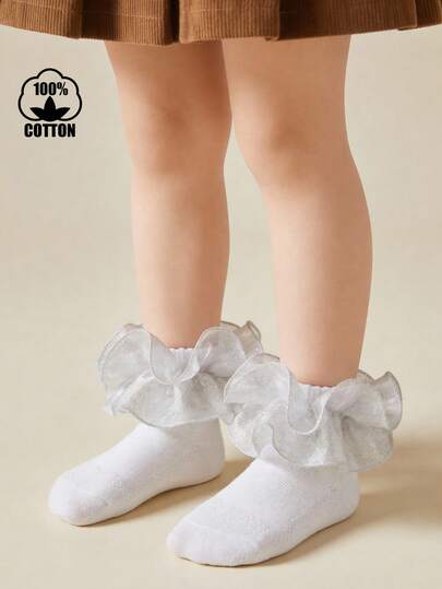 1 Pair Cotton Girls' Big Lace Dance Socks, Elegant Princess Style Short Socks For Party Outfit