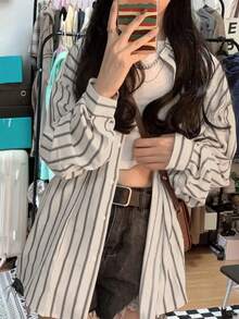 宽松口袋条纹长袖衬衫，百搭休闲上衣 - 杏色條紋 - 查看 2