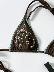 Sexy & Fashionable Tropical Bikini Set | Paisley Print Rhinestone Embellished Triangle Top + Low Waist Side Tie Bottoms | Blue-Green Design | Essential Swimwear For Beach & Pool Vacation - Chocolate Brown - View 6