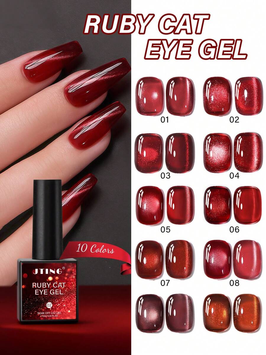 10ml JTING Valentine 10colors Ruby Cat Eye Gel Polish Red Color Magnetic Cat Eye Gel Collection Uv Gel Nail Polish Salon Nail Supplies For Home Manicure DIY And Nail Art Salon - Multicolor - View 1