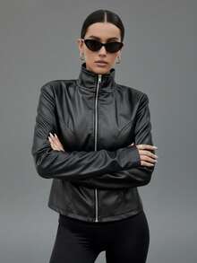 女士修身立领仿皮夹克，运动风拉链外套，带拇指孔袖口，休闲日常穿着 - 黑色 - 查看 4