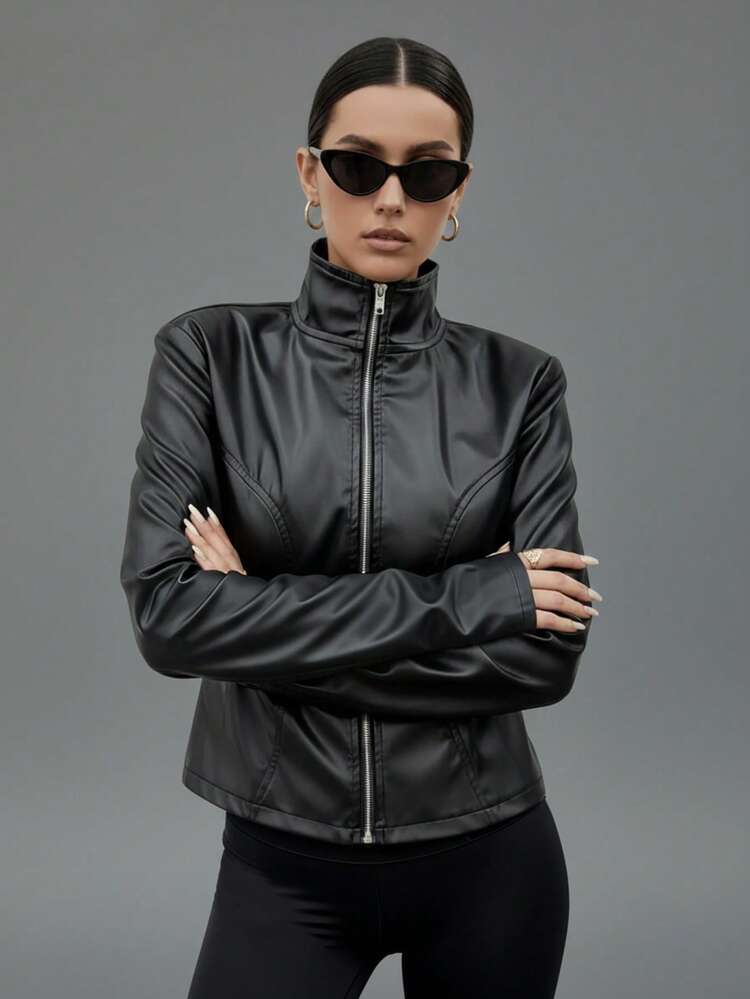 女士修身立领仿皮夹克，运动风拉链外套，带拇指孔袖口，休闲日常穿着 - 黑色 - 查看 4
