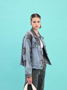 Patchwork Jacket With Fringe Details-MADE IN TURKEY - Light Wash - View 4