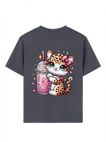 Tween Girl Cute Beverage & Donut Print Round Neck T-Shirt, Summer Top - Dark Grey - View 7
