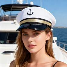 白色水手帽，船长帽，游艇派对服装配饰，平顶海军帽配围巾 - 彩色 - 查看 2