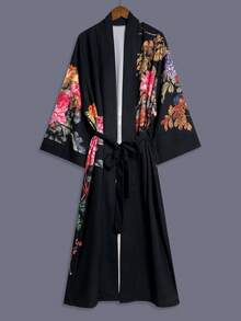 印花中长款七分袖和服式罩衫薄款外套，优雅休闲宽松女式外套，适合街头、海滩、旅行、度假等场合，轻便舒适，附赠腰带，黑色春季款 - 黑色 - 查看 2