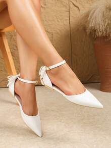 女士时尚尖头白色珍珠蝴蝶结玛丽珍休闲平底鞋，镂空凉鞋，春夏款 - 白色 - 查看 2