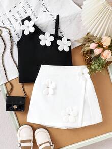 2件套女童优雅黑色吊带背心+白色半裙套装，夏季 - 黑色 - 查看 3