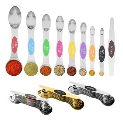 9pcs Colorful Stainless Steel Magnetic Measuring Spoons - Double-Sided Measuring Spoon Set With Level, Engraved Measuring Spoons For Dry And Liquid Ingredients, Baking Tools, Kitchen Gadgets, Kitchen Accessories With Level