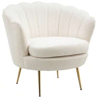 Reclining Shell-Shaped Armchair With Metal Legs, Polar-Look Dressing Chair, For Bedroom Or Living Room, White
