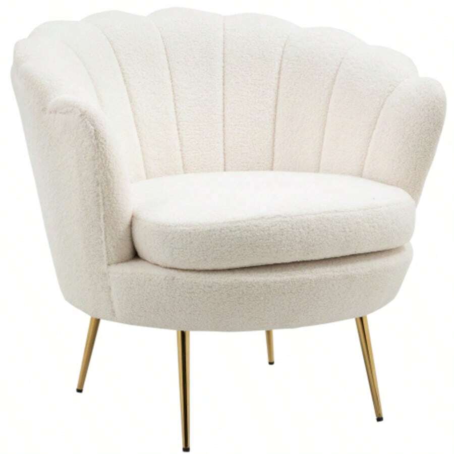 Reclining Shell-Shaped Armchair With Metal Legs, Polar-Look Dressing Chair, For Bedroom Or Living Room, White - White - View 1