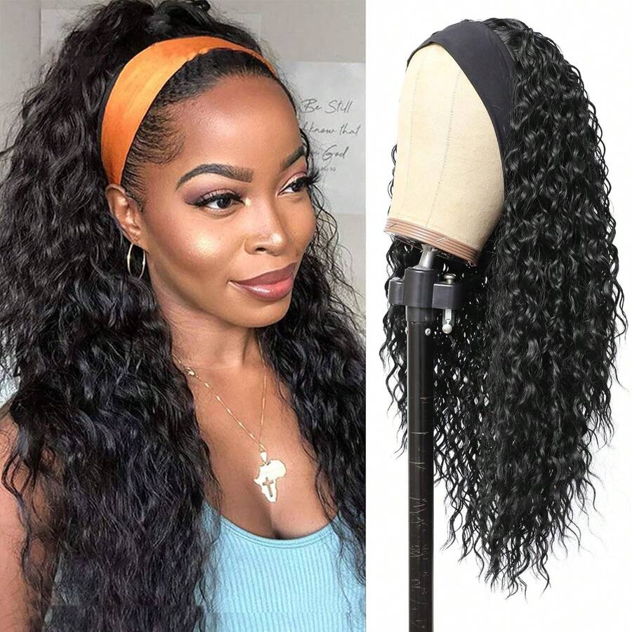 Wet Wavy Headband Wig, Curly Wave Synthetic Heatproof Long Wig With Headband, Suitable For Daily Wear And Parties - Black - View 1
