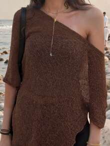 Women's Y2K Style Brown Knit Open Shoulder Top, Comfortable Loose Fit, Bohemian Sexy Beach Vacation Wear Summer - Red Coffee - View 8
