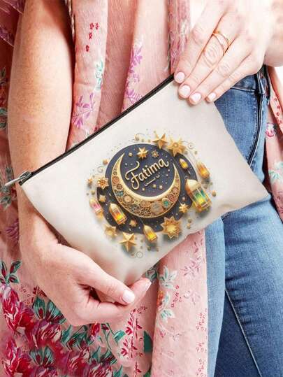 1个斋月灯笼造型化妆包，开斋节化妆包，亚麻材质，舒适，适合日常使用，可收纳文具、化妆品，斋月开斋节风格收纳袋