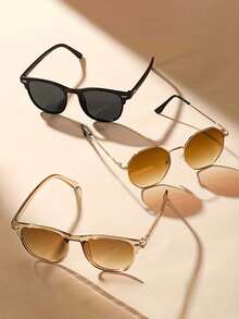 4 Sets Of Vintage Beige Full Frame Nail Art Decorations & Fashion Glasses, Fashionable Lightweight Decorative Glasses, Retro Metal Polygonal Fashion Decorative Glasses, Outdoor Casual Glasses, Gaming & Photography Decorative Glasses - 彩色 - 查看 4