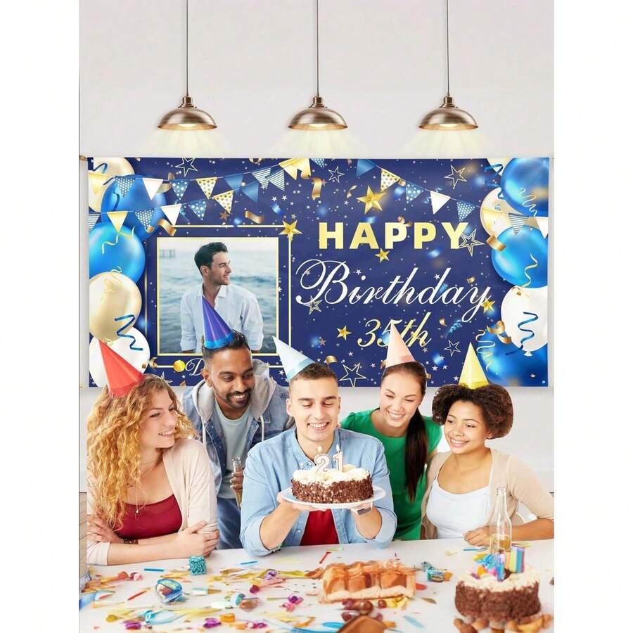 1pc Personalized Couples, Family, Friends Birthday Celebration Wall Tapestry, Men's Style With Photo, Blue, Gold, White Balloons, Ribbons And Text Decorations, Birthday Party/Living Room/Bedroom/Office Home Decor, Wall Hanging, Custom Tapestry, Custom Flags, Room Decor, Tapestry, Breathable,Lightweight,Washable,Cute,Love,Cozy,Soft,Comfortable,Simple,Custom,Personalized,Unique,Him,Her,Boyfriend,Girlfriend,Dad,Mom,Family,Friends - 彩色 - 查看 1