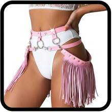 Punk Leather Waist Chain Tassel Fringe Belly Belt Harness Bikini Rave Body Accessories Jewerly Women And Girls - 粉色 - 查看 8