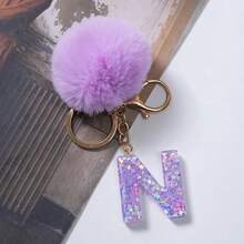 A-Z 英文字母毛球钥匙扣，紫色树脂亮片吊坠钱包钥匙圈，汽车钥匙链，包包挂饰，背包装饰，哥特 Y2K 风格 - 紫色 - 查看 7