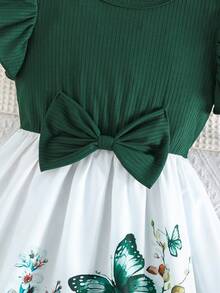 Girls' Summer Ruffle Sleeve Bow Tie Localized Rose Floral Print Casual Dress - Dark Green - View 5