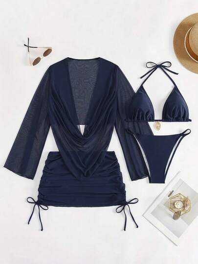 4 piezas Conjunto de bikini de unicolor sexy con cubierta transparente, perfecto para vacaciones, fiestas en la playa, adecuado para Año Nuevo y San Valentín, ropa de mujer elegante y casual para verano