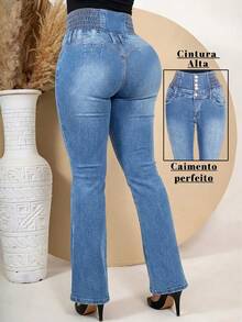 Women's Jeans With A Pleated Elastic Waistband Design That Lifts The Buttocks And Flattens The Tummy, Offering Stretch Without Constriction. - 淺藍色 - 查看 3