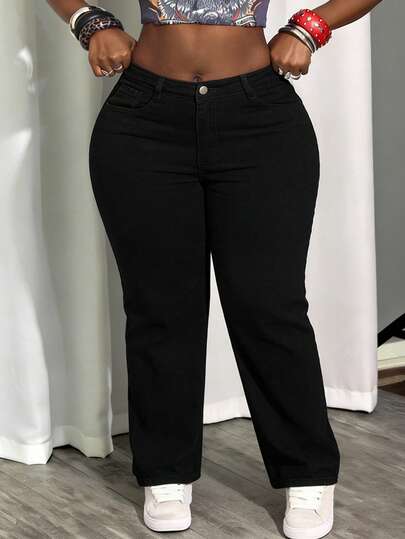 Plus Size Women Casual Straight Leg Jeans