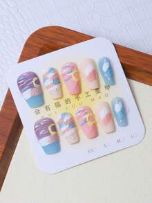 10pcs/Set Press On Nails With Sandblasted Finish, Sky Blue Oil Painting Design, Fully Handcrafted Perfect For Girls And Ladies To Wear! - Multicolor - View 2