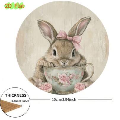 4件套复古可爱复活节兔子蝴蝶结玫瑰花卉茶杯图案木质杯垫/桌面装饰垫，核心功能是保护桌面，适用于各种杯子，适合家庭餐桌、复活节装饰、复活节礼物